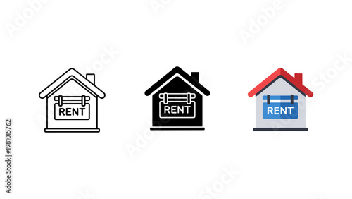 A house icon with a 'For Rent' sign is presented in three different visual styles for design purposes.