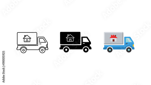 A moving truck, symbolizing relocation and home transport, is presented in outline, silhouette, and colored formats.