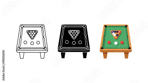 A billiard or pool table, complete with balls and a triangle rack, is shown in outline, silhouette, and full color.