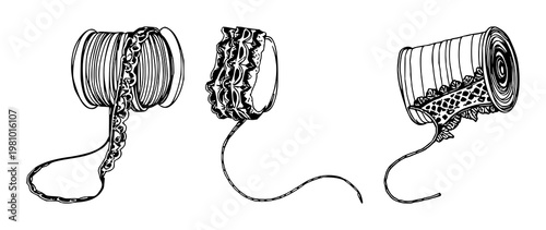 Lace trim spool set with hand-inked organic art unrolling on white background featuring lace, textile, craft with hand-drawn illustration and minimal design