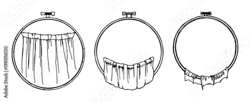 Embroidery hoop set with rough hand-inked art on stretched fabric displayed on white background featuring embroidery, hand drawing, cotton with simplicity and elegance