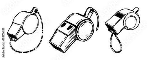 Referee whistle set with rough hand-inked art depicting brass whistle on a cord against a white background featuring sports equipment, line art, illustration with metallic and cord