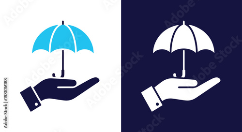 Hand holding open umbrella protection - Line and glyph solid icon and logo template - Clipart, sticker - icon set