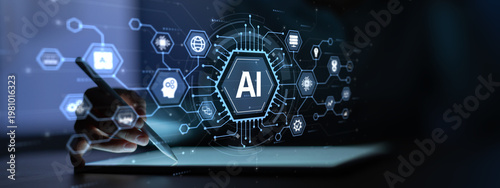 Photos Artificial Intelligence AI Neural Network System with Digital Interface and Interactive Touchscreen Data Processing Technology Concept