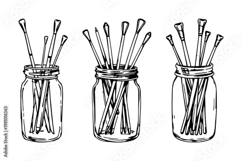 Knitting needles set with rough sketchy art featuring knitting needles, jar, white background with sketchy illustration and still life