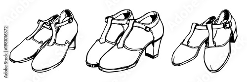 Shoes set with rough sketchy art and white background featuring dancing shoes, vintage, T-strap with illustration and line work