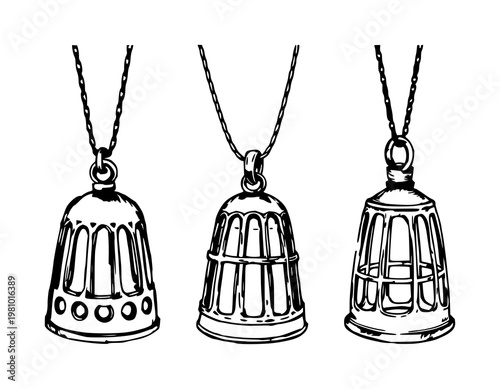 Silver thimble cage pendant set with rough sketchy art on white background featuring jewelry, pendant, thimble design with minimalist and line illustration