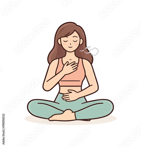 Person Practicing Deep Breathing Exercise Flat Vector, Minimal Wellness Illustration