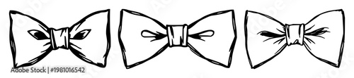 Vintage tuxedo bow tie set with rough sketchy art design featuring bow tie, tuxedo, black line with white background and minimal illustration
