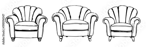 Velvet armchair set with rough sketchy line art design featuring velvet upholstery, shell-backed silhouette, reclining furniture with cushioned seating and support