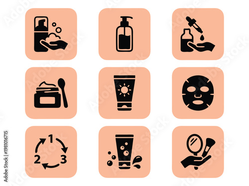 Set of Nine Beauty Skincare Routine Icons in Black Silhouette Style.