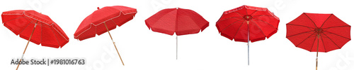 Konstfotografi Collection of Red Beach Umbrellas Isolated on White Background, Set of Large Out