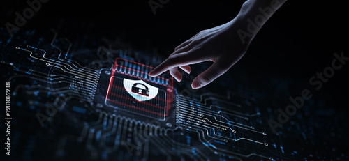 Cyber Security Protecting Systems and Data from Digital Threats Illustrated on a Processor Touched by a Human Hand.