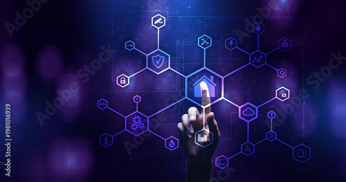 Smart home control panel on virtual screen. IOT and Automation technology concept.
