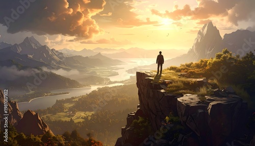 A person stands on a cliff overlooking a serene valley at sunset