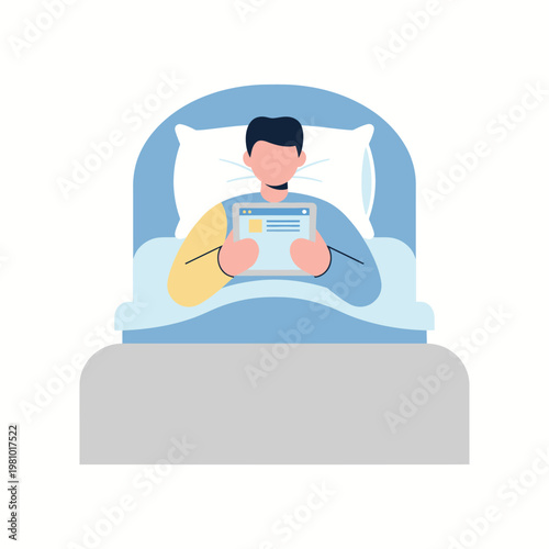 Person lying in bed reading tablet device.