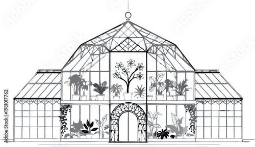 Hand Drawn Victorian Style Glass Greenhouse with Potted Tropical Plants