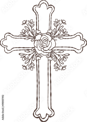 Christian cross with delicate floral decoration, featuring a rose and soft foliage. Hand-drawn doodle outline illustration