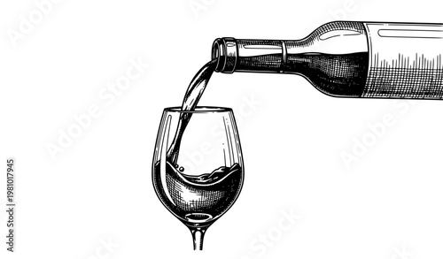 Vintage wine pouring illustration with bottle and glass hand drawn winery sketch vector
