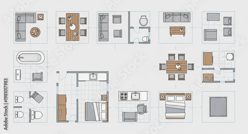 Top down view of various interior design floor plans.