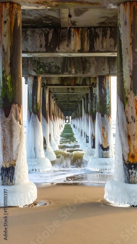 A pier's underside with columns and waves crashing