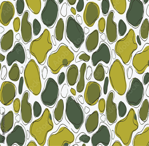 Seamless organic abstract pattern with hand-drawn pebble shapes in mustard yellow, olive green, and charcoal.