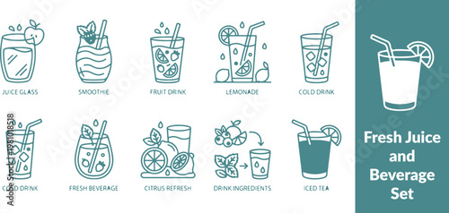 Spring Drinks Line Icons – Fresh Juice and Beverage Set