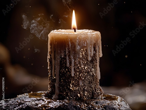 Burning Candle with Melting Wax and Smoke on Dark Background, Warm Light and Relaxation Concept