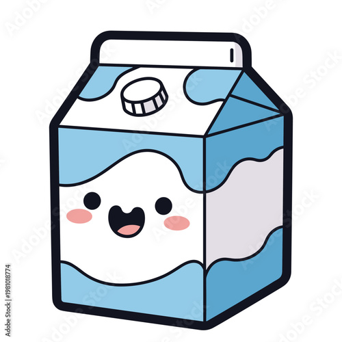 Cute kawaii milk carton vector with happy face and blush.