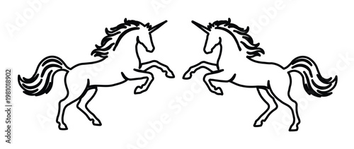 Mythical unicorn line art vector, pair of symmetrical rearing unicorns, black and white fantasy horse silhouettes for heraldic crest or logo design