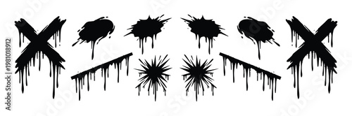 Grunge black ink splatter set, dripping paint brush strokes and cross symbols, gothic street art spray elements for urban graphic design
