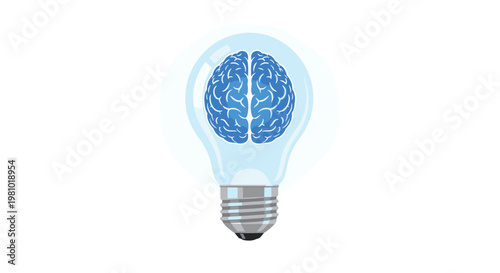 A glowing glass lightbulb contains a detailed blue human brain as its filament against a pristine white background with soft blue illumination effects.