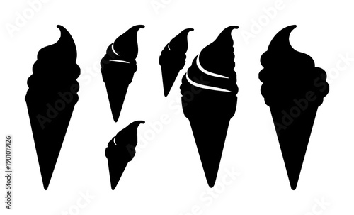 Ice cream cone set with black silhouette against white background featuring dessert, sweet, treat with vector and black and white