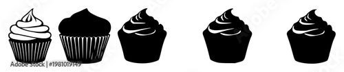 Cupcake set with black silhouette on white background featuring sweet dessert, confections, pastry with bakery and sugar