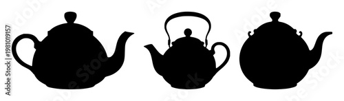 Teapot set with stylized black silhouette against bright white background featuring tea accessories, kitchenware, cookware with culinary and beverage usage