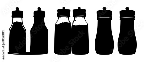 Salt and pepper shakers set with black silhouette shapes against white background featuring kitchen accessories, dry seasonings, tableware with monochrome and cooking tools