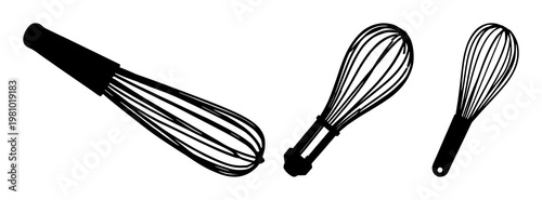 Whisk silhouette set with minimalist design featuring kitchen utensil, cooking tool, kitchenware with black and white and line art