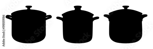 Cooking pot set with black silhouette on white background featuring cookware, kitchen, culinary with illustration and vector