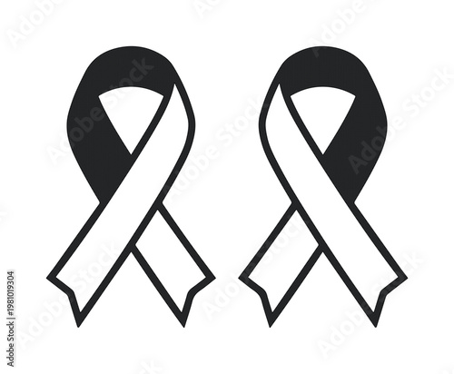Black mourning ribbon icons, awareness ribbon vector set for grief and remembrance, funeral memorial symbols on white background