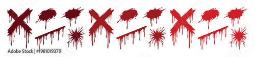 Dripping red blood splatters and cross marks, horror paint splashes with liquid drips, set of 15 macabre gore vector elements for halloween
