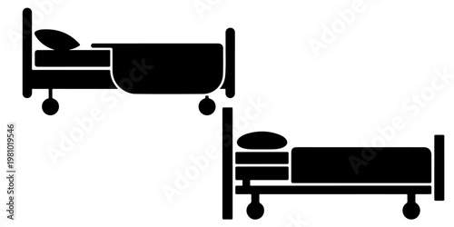 Minimal hospital bed icon set with patient silhouettes and medical stretcher