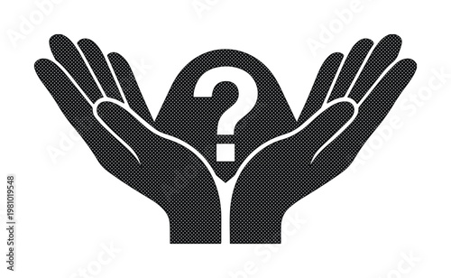 Minimalist question mark icon held by cupped hands, black silhouette of hands protecting a mystery symbol, conceptual vector for support and answers