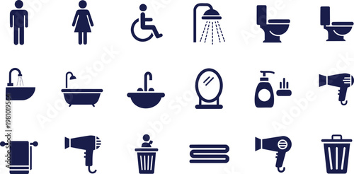 Comprehensive collection of modern bathroom and public restroom vector graphic icons for various designs.