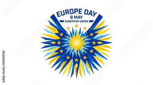 Europe Day Celebration: A vibrant emblem of the European Union, radiating with bright colors and symbolic stars, commemorates Europe Day.