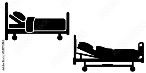 Minimal hospital bed icon set with patient silhouettes and medical stretcher