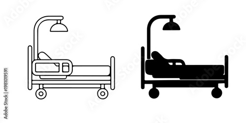 Minimal hospital bed icon set with patient silhouettes and medical stretcher