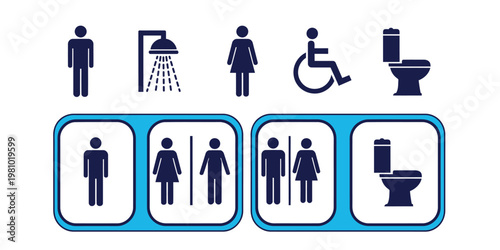 Collection of various restroom sign icons designed as a flat blue vector graphic illustration set