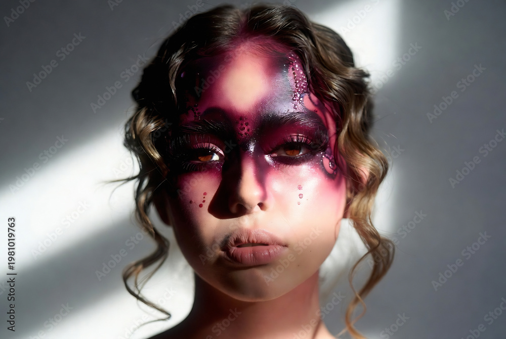 Obraz premium A young woman with elaborate, dark purple and red face paint is posed in a studio setting. She has a dramatic hairstyle and intense eye makeup, looking directly at the camera.