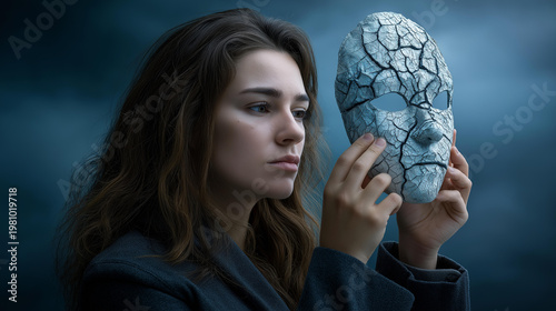 Person holding a cracked mask in a moody artistic setting, neurodivergent masking concept, hidden emotions and social masking, ADHD and autism awareness, with copy space