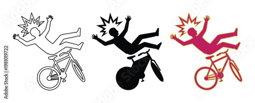 Bicycle accident icons showing cyclist falling off bike, set of 3 vector silhouettes, bicycle crash and injury warning symbols for safety signage